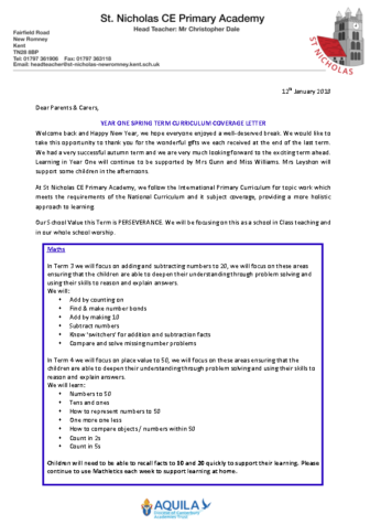 curriculum letter year 1 term 3