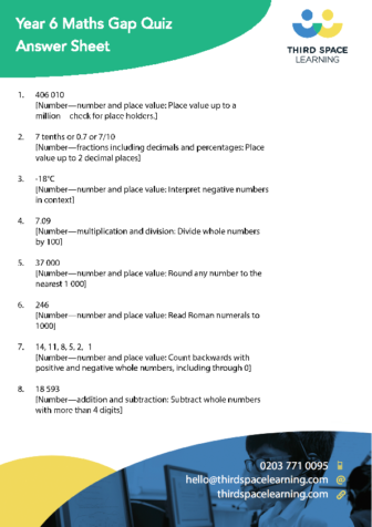 Year 6 Maths Gaps Quiz Answers