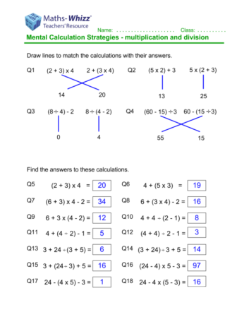 Order of operations answer sheet