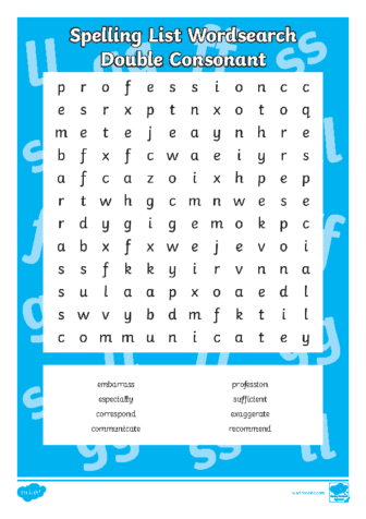 year 5-6 Spelling List Word Search Double Consonant