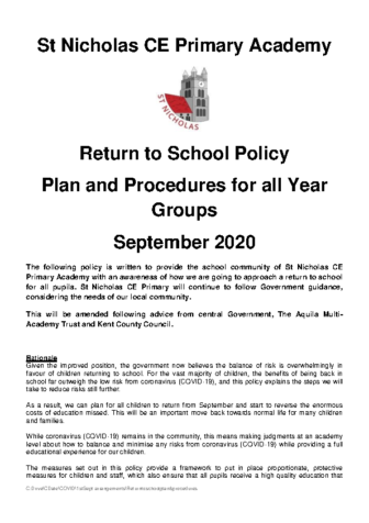 Return to School Policy & Procedures September 2020